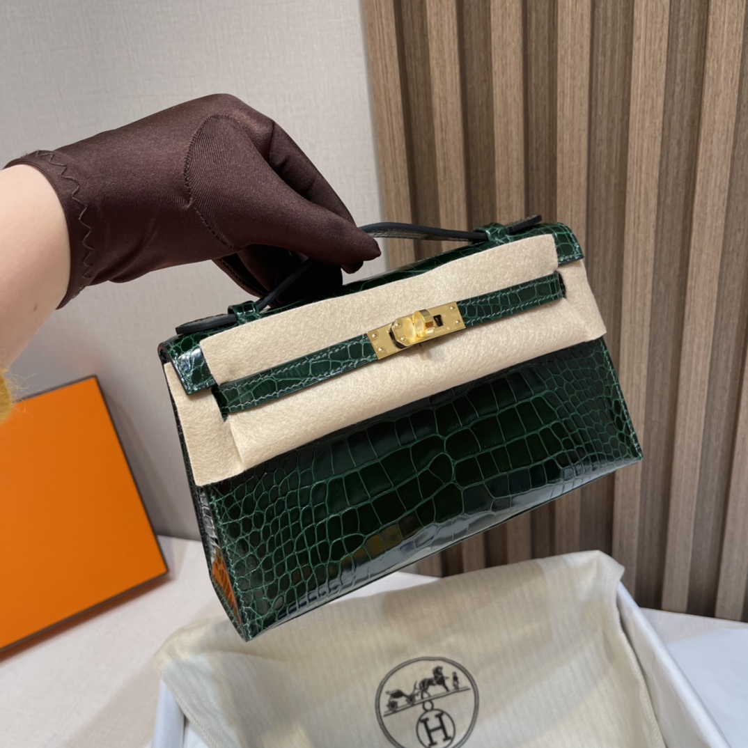 HERMES 爱马仕Mini Kelly 1代 67 Vert Fonce 祖母绿 22cm 金扣 鳄鱼皮 Birkinx娇娇名品