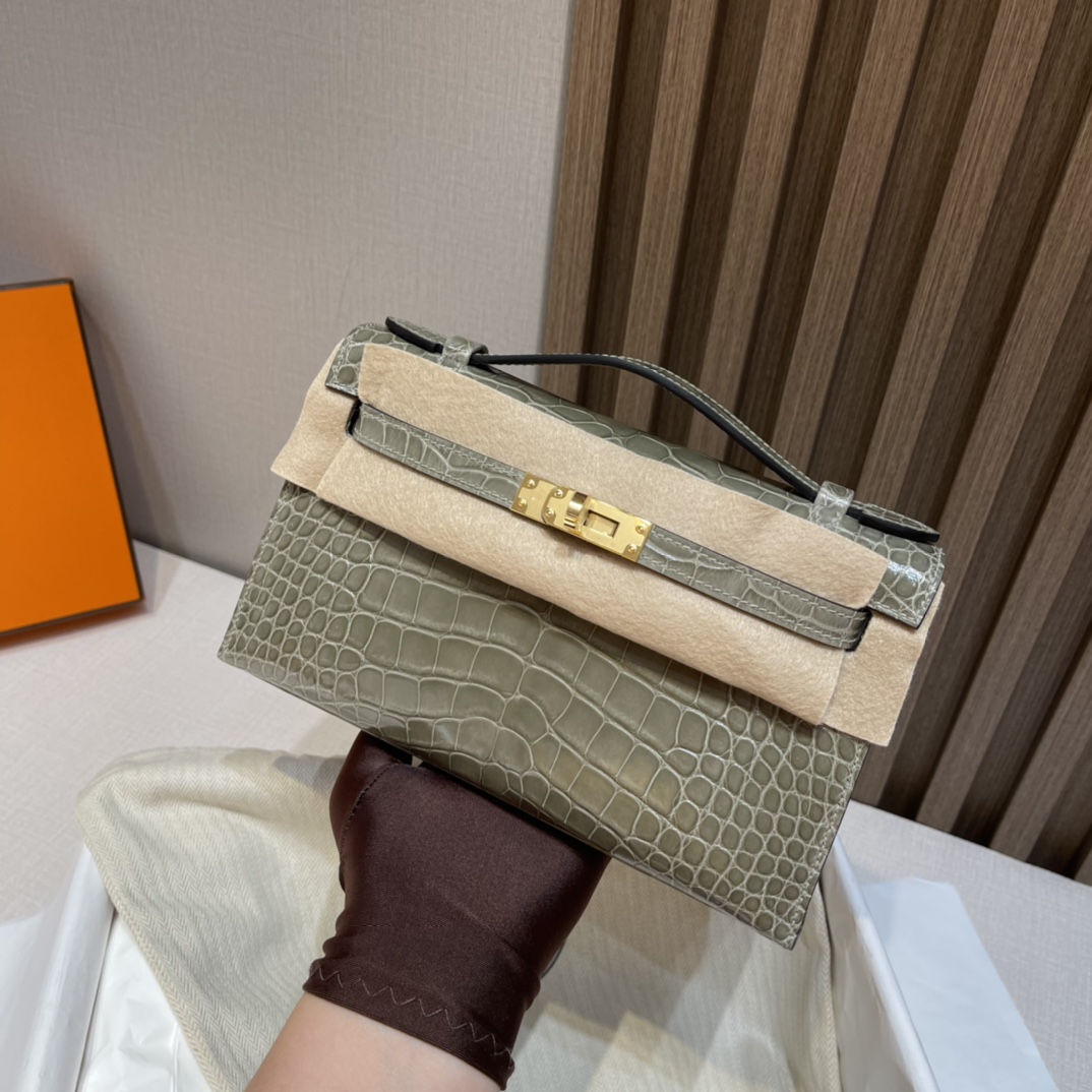 HERMES 爱马仕Mini Kelly 1代 80 Gris Perle 珍珠灰 22cm 金扣 鳄鱼皮 Birkinx娇娇名品