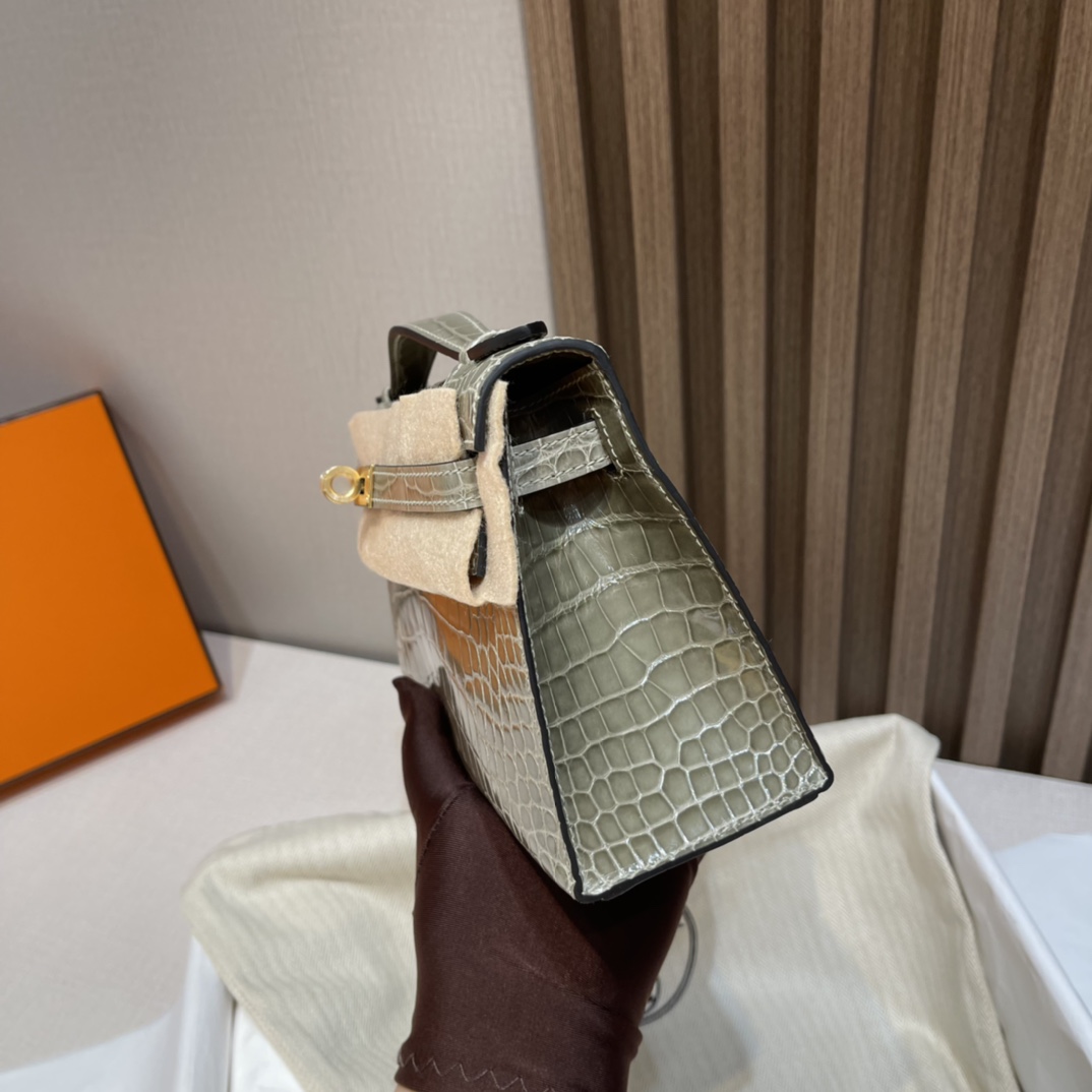 HERMES 爱马仕Mini Kelly 1代 80 Gris Perle 珍珠灰 22cm 金扣 鳄鱼皮 Birkinx娇娇名品