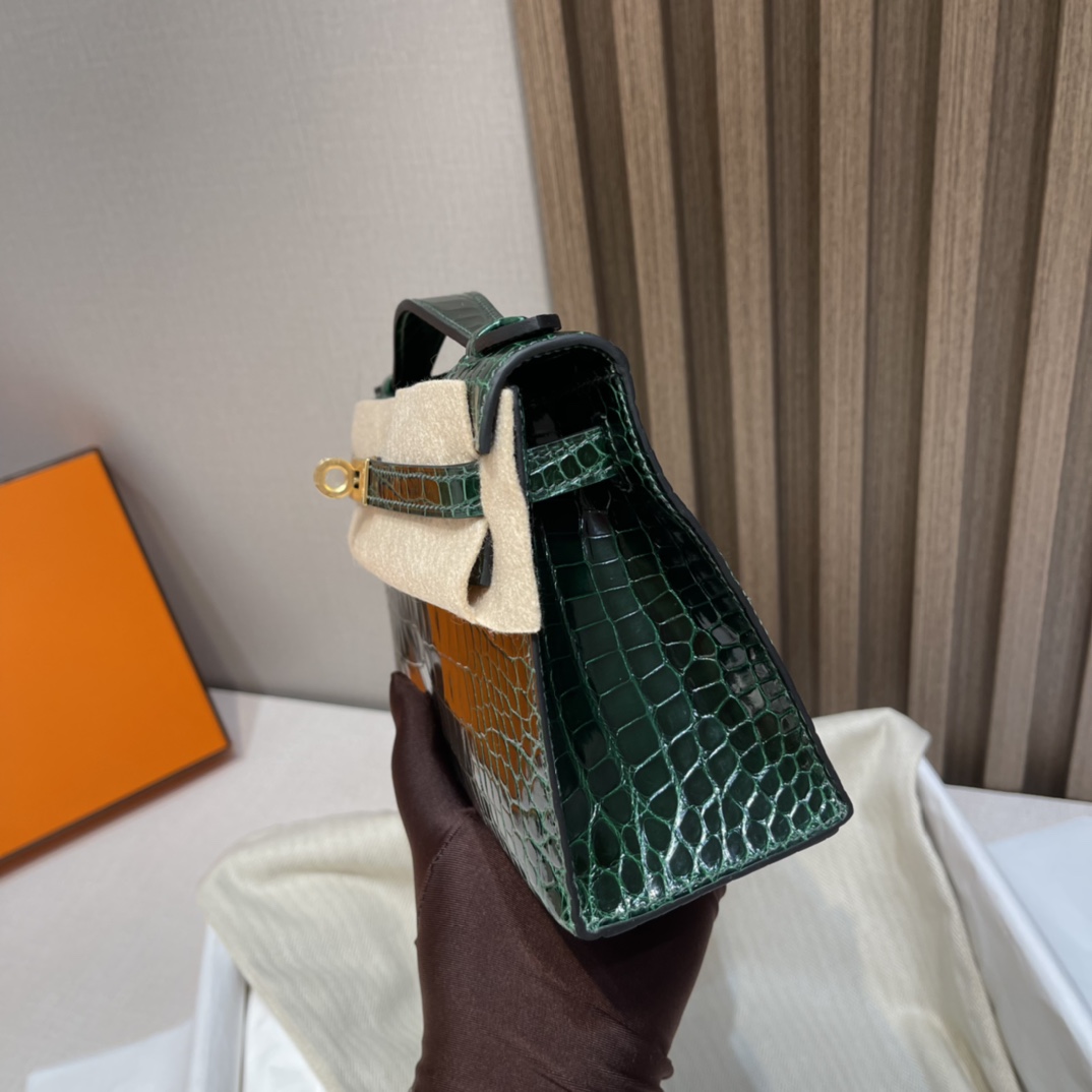 HERMES 爱马仕Mini Kelly 1代 67 Vert Fonce 祖母绿 22cm 金扣 鳄鱼皮 Birkinx娇娇名品