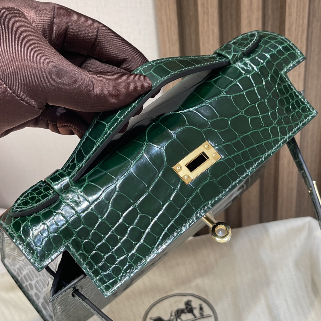 HERMES 爱马仕Mini Kelly 1代 67 Vert Fonce 祖母绿 22cm 金扣 鳄鱼皮 Birkinx娇娇名品