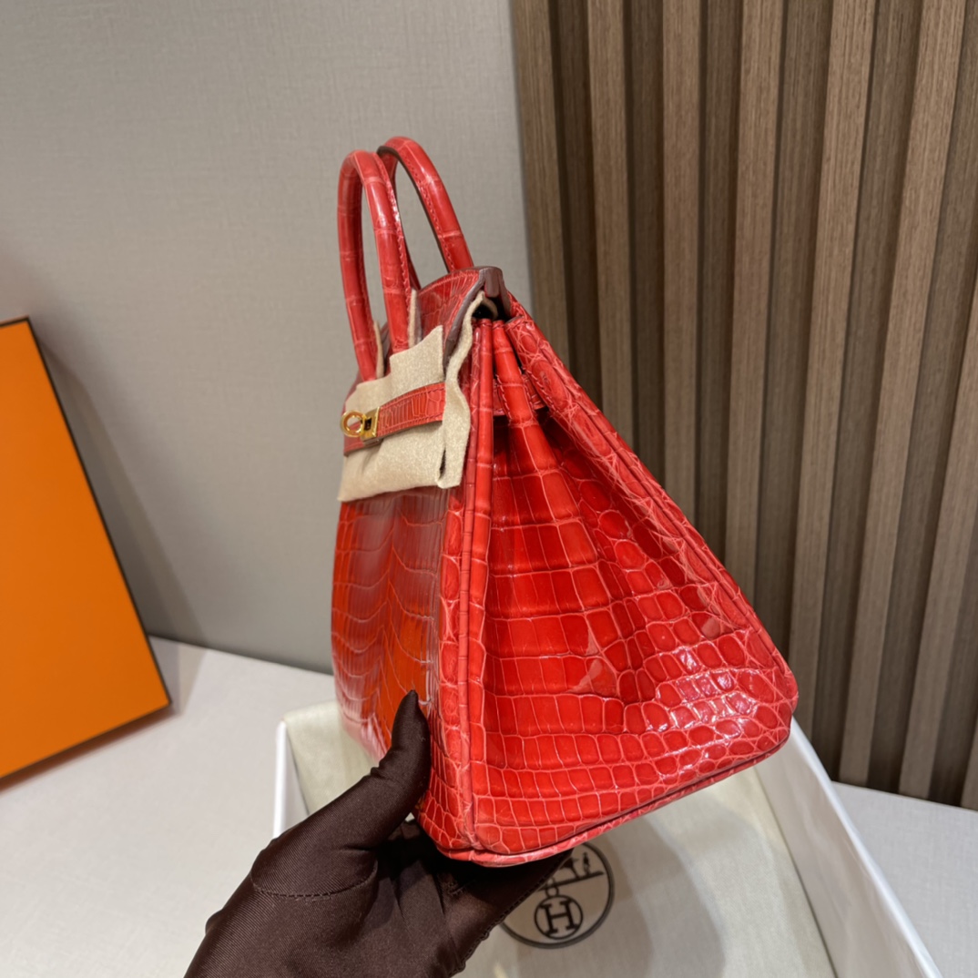 HERMES 爱马仕Birkin 25cm 尼罗鳄Niloticus  亮面Shiny 两点•• 95 法拉利红Braise