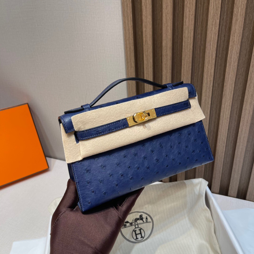 HERMES 爱马仕Mini Kelly 1代 迷你凯莉 73 Blue Saphir宝石蓝 鸵鸟皮 Birkinx娇娇名品