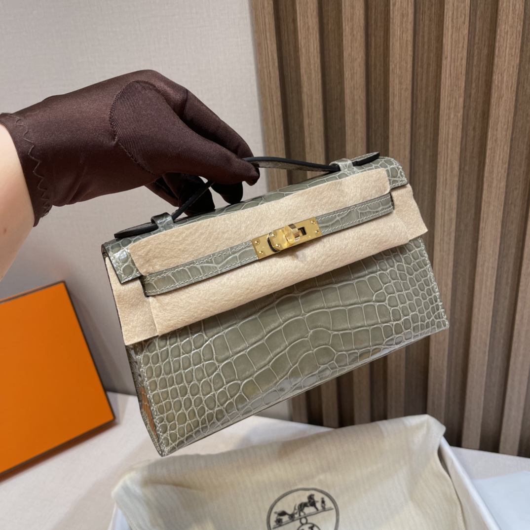 HERMES 爱马仕Mini Kelly 1代 80 Gris Perle 珍珠灰 22cm 金扣 鳄鱼皮 Birkinx娇娇名品
