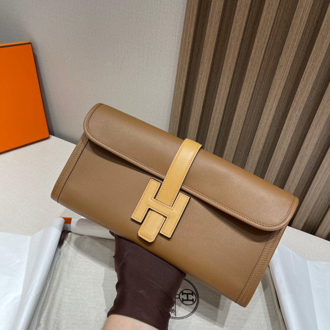 HERMES 爱马仕 Jige Elan 29 Clutch 手拿包 Swift 皮 CK37 金棕色 0M CHAI奶茶色 进口蜜蜡线 全手工制作