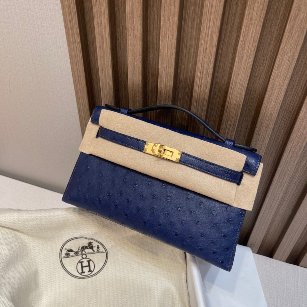 HERMES 爱马仕Mini Kelly 1代 迷你凯莉 73 Blue Saphir宝石蓝 鸵鸟皮 Birkinx娇娇名品